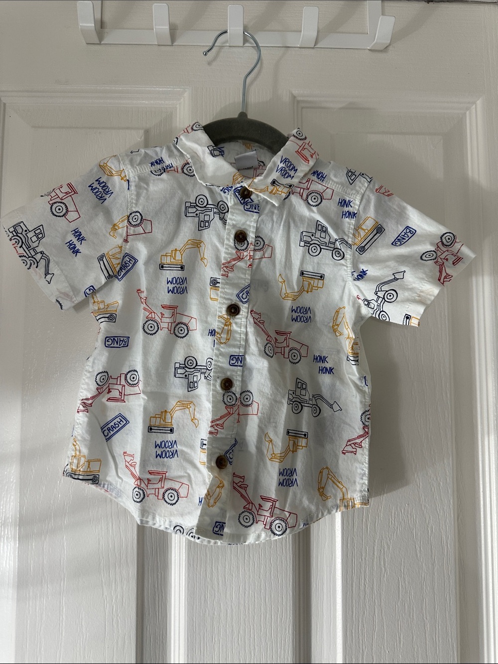 Kids White Short-Sleeve Button-Up Shirt with Construction Print